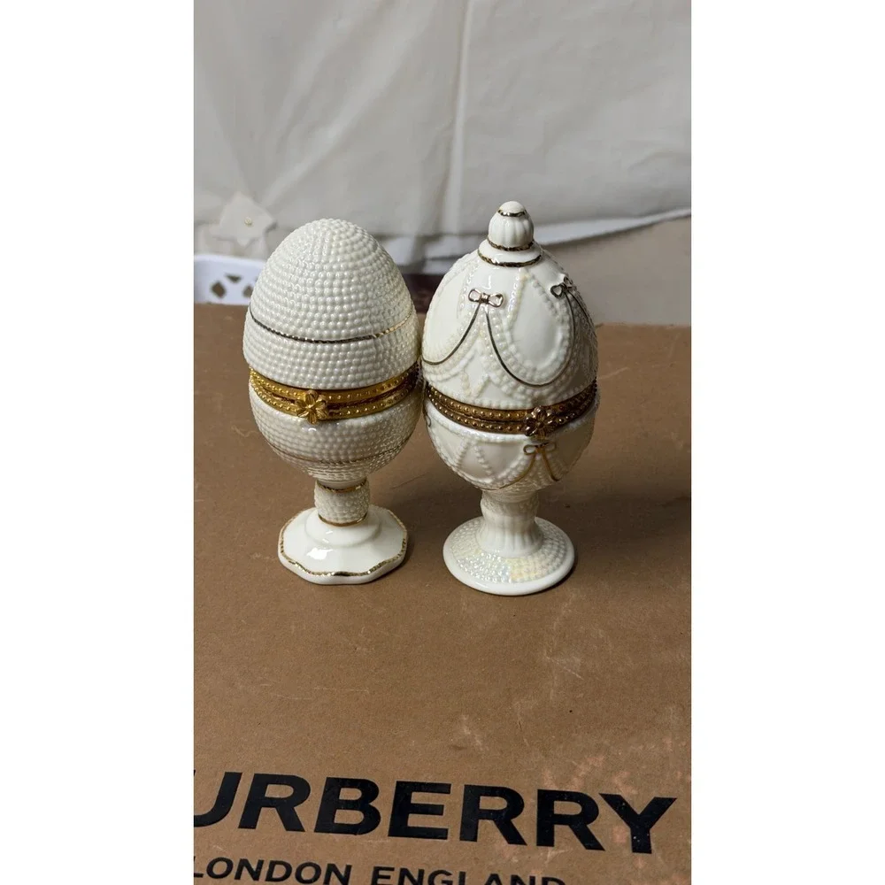 Ivory Elegance Fabergé-Style Hinged Egg Trinket Boxes‎ Set of 2 Gold Trim